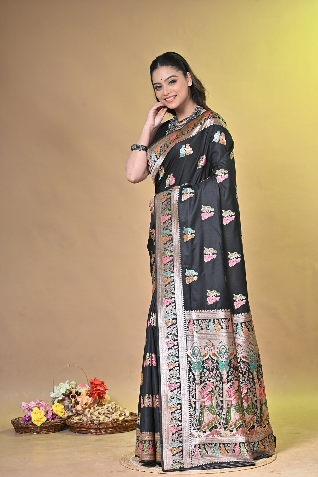 Black Semi Tussar Saree with Sarnachuri Woven Border and Floral Motifs