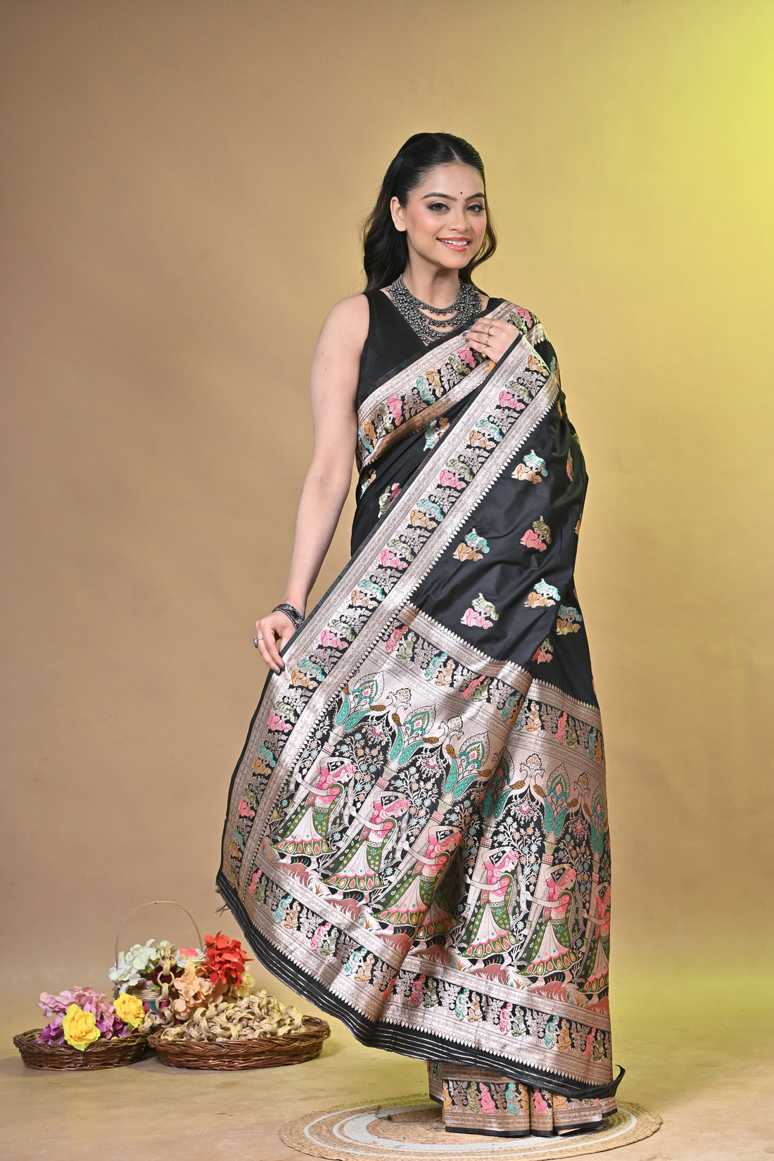 Black Semi Tussar Saree with Sarnachuri Woven Border and Floral Motifs
