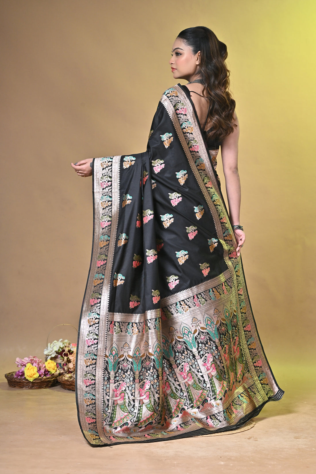 Black Semi Tussar Saree with Sarnachuri Woven Border and Floral Motifs