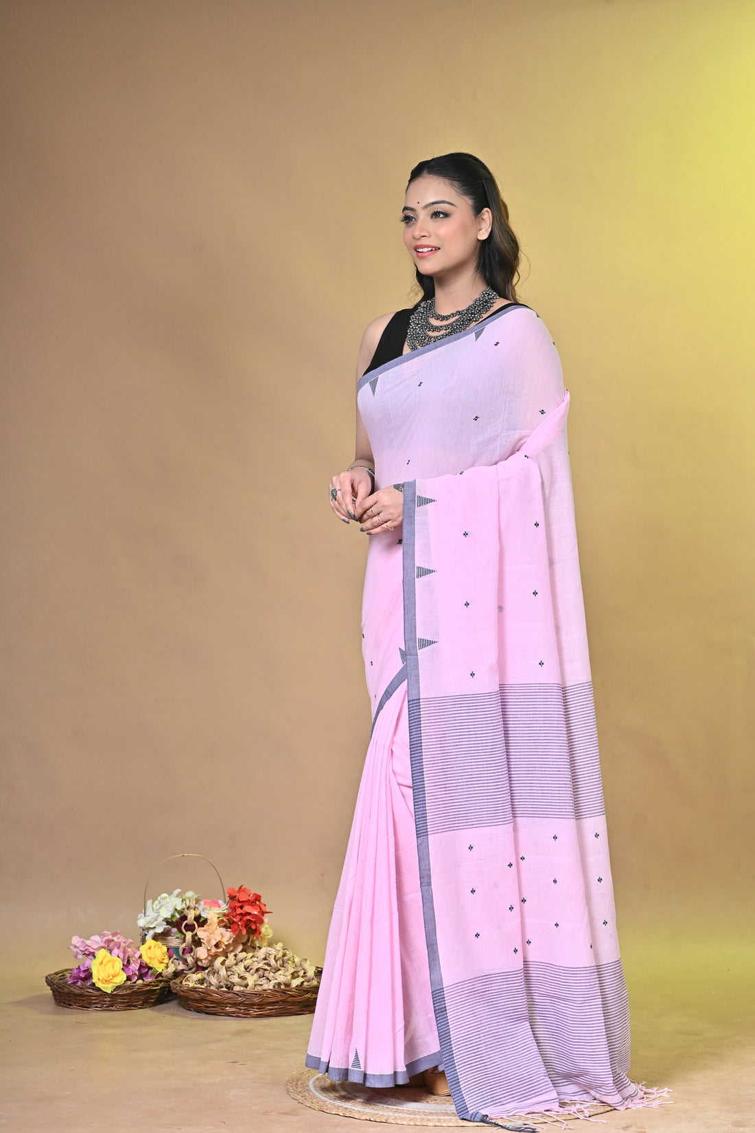 Light Pink Pure Cotton Handloom Saree with Buti Motifs and Striped Design