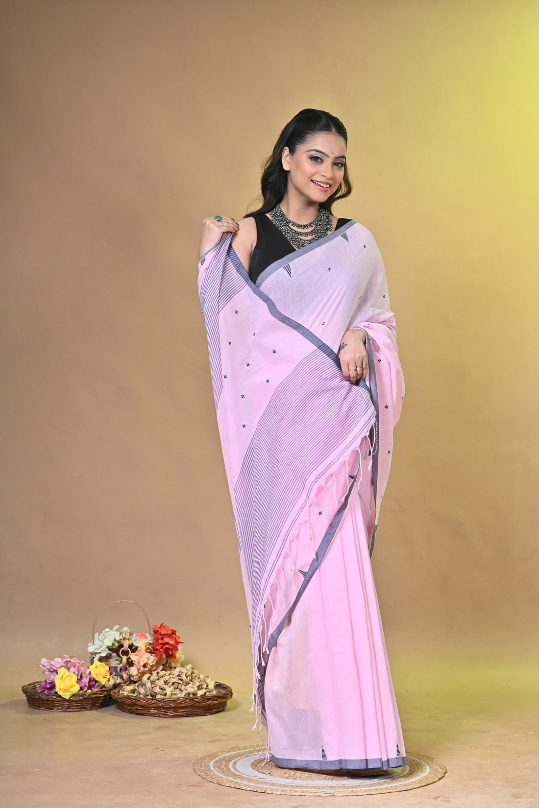 Light Pink Pure Cotton Handloom Saree with Buti Motifs and Striped Design