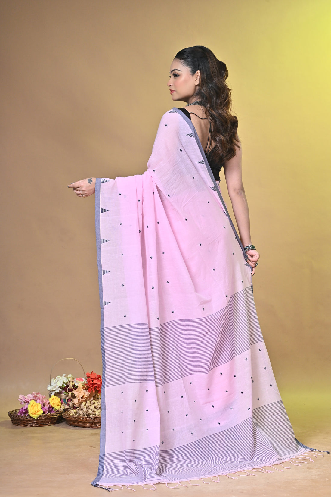Light Pink Pure Cotton Handloom Saree with Buti Motifs and Striped Design