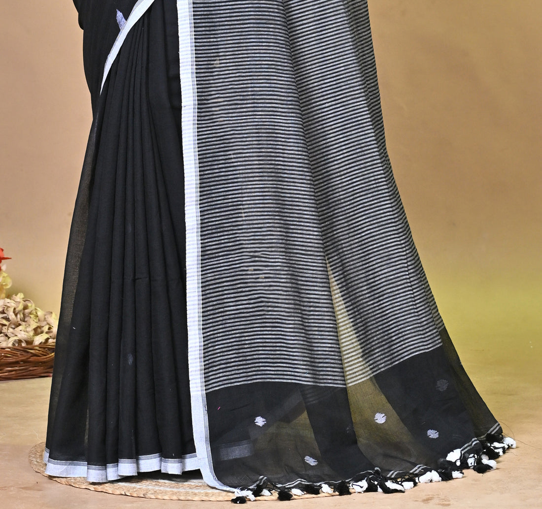 Black Pure Cotton Handloom Saree with Striped Design and Tassel Pallu
