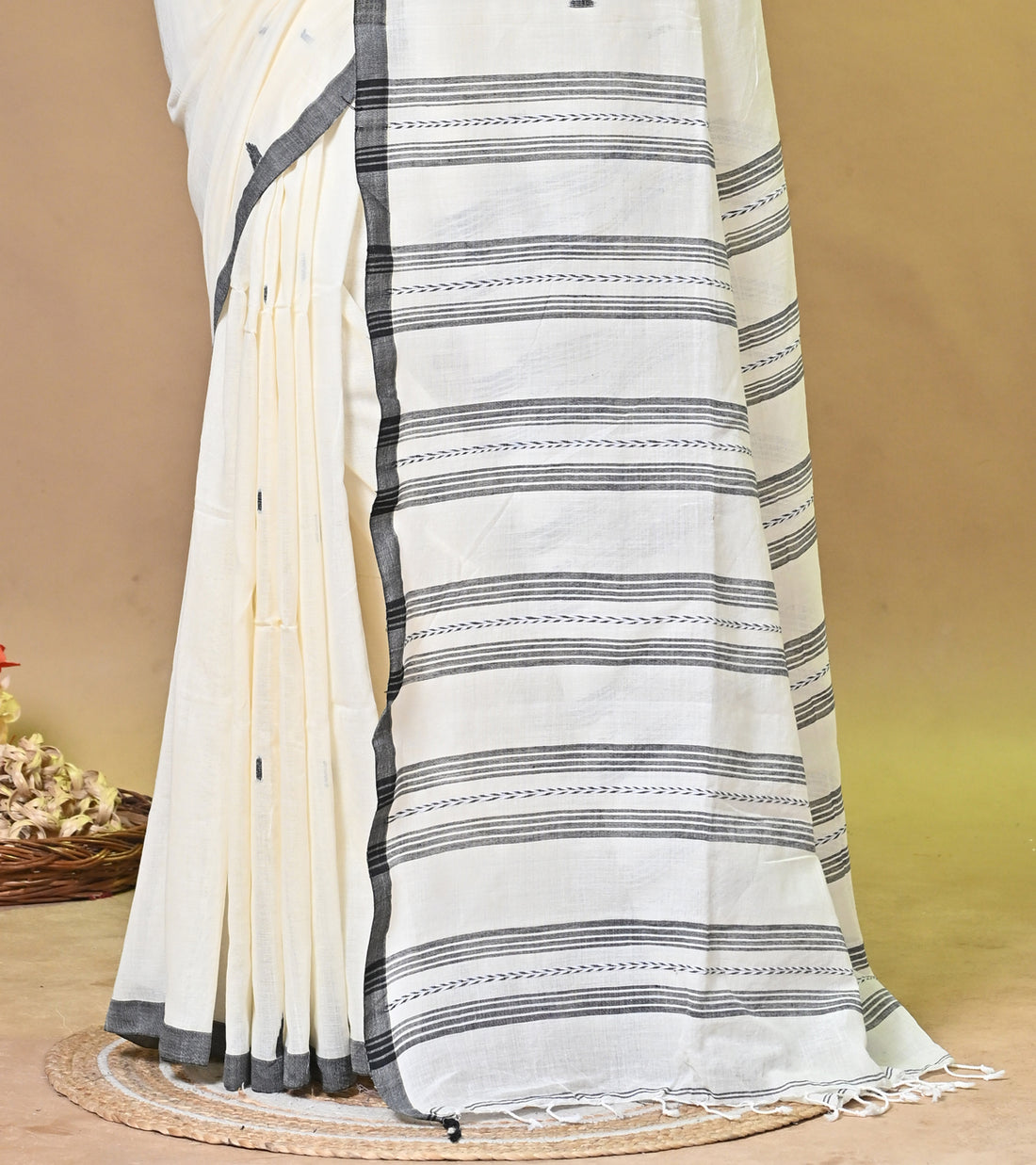 Handloom Pure Khadi Cotton Saree in Ivory & Black