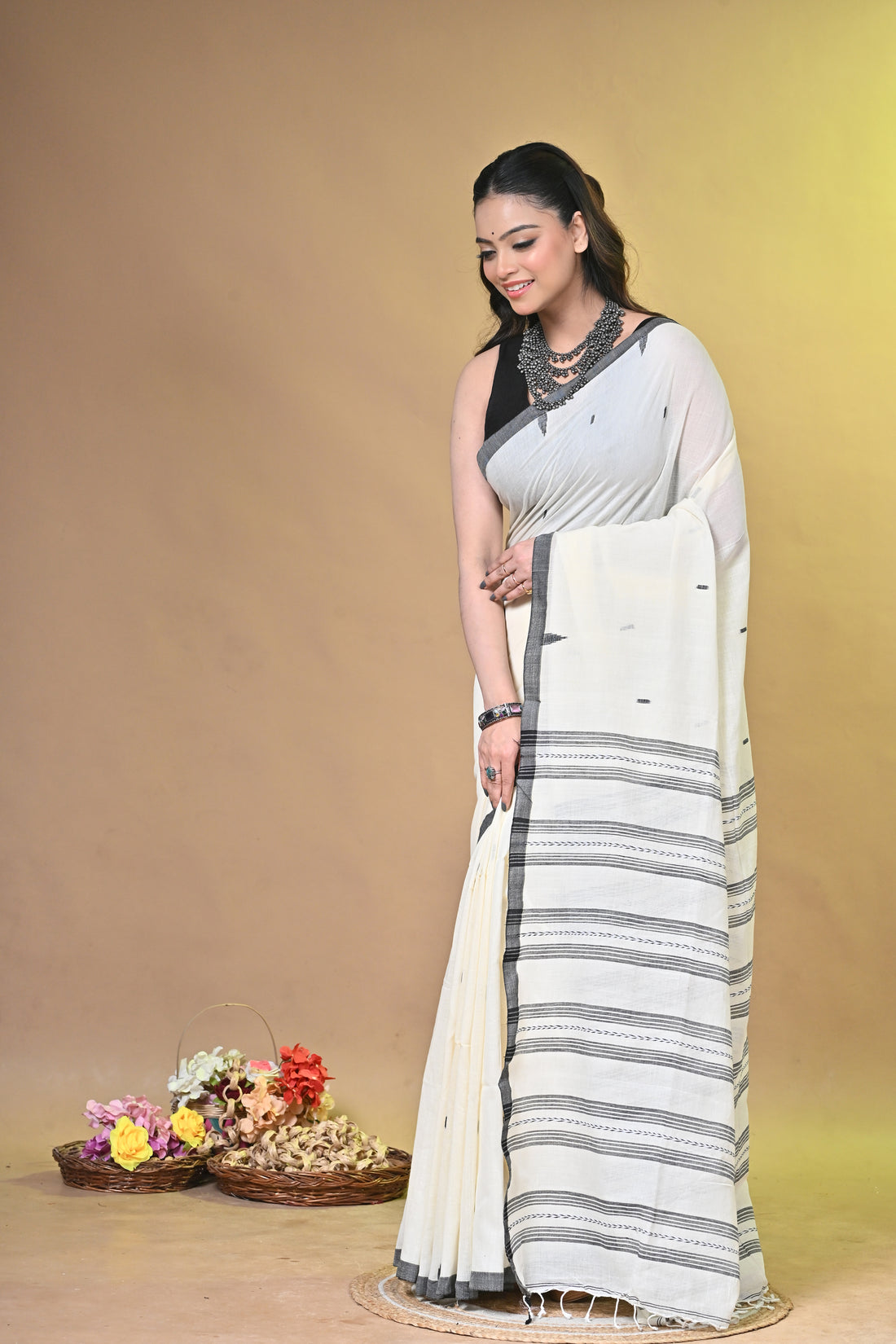 Handloom Pure Khadi Cotton Saree in Ivory & Black