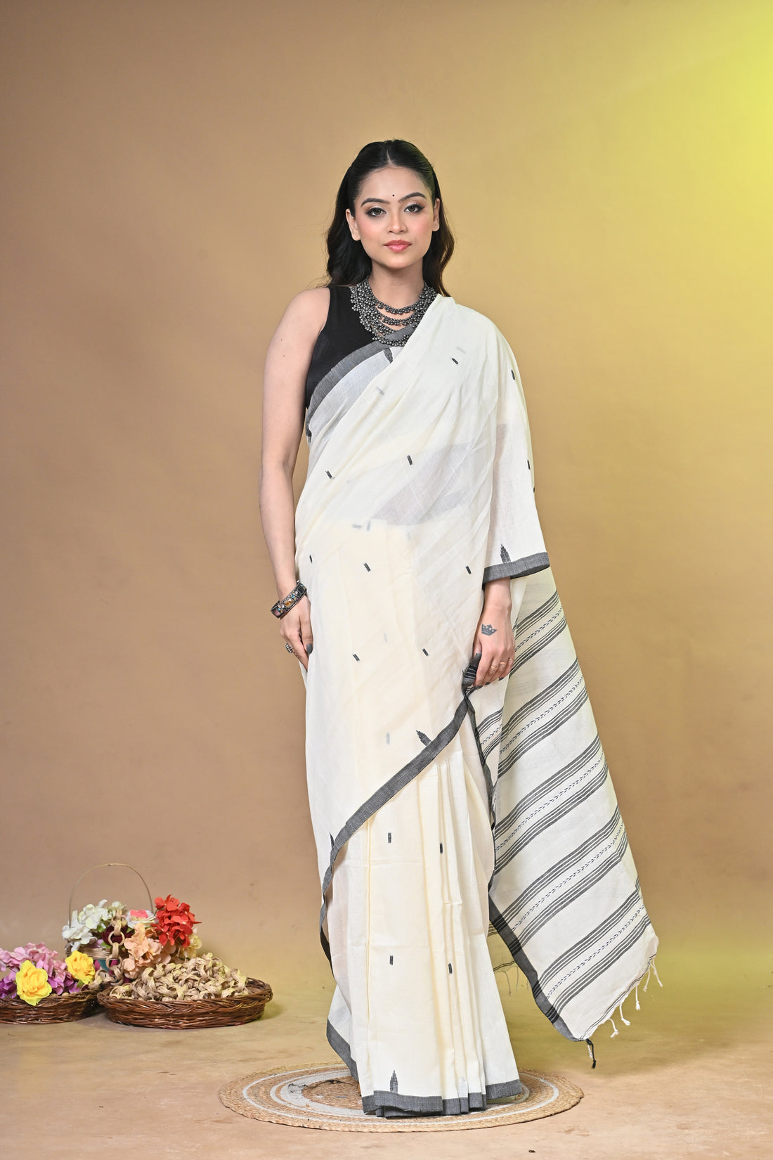 Handloom Pure Khadi Cotton Saree in Ivory & Black