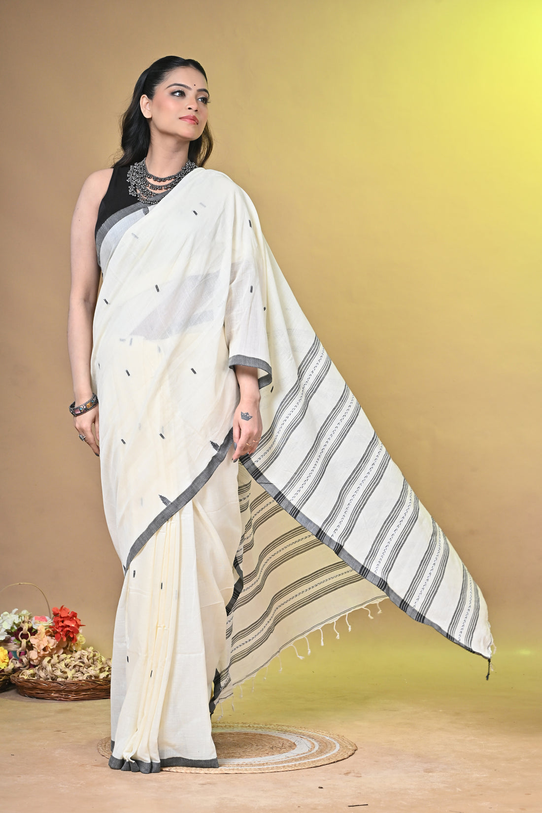 Handloom Pure Khadi Cotton Saree in Ivory & Black