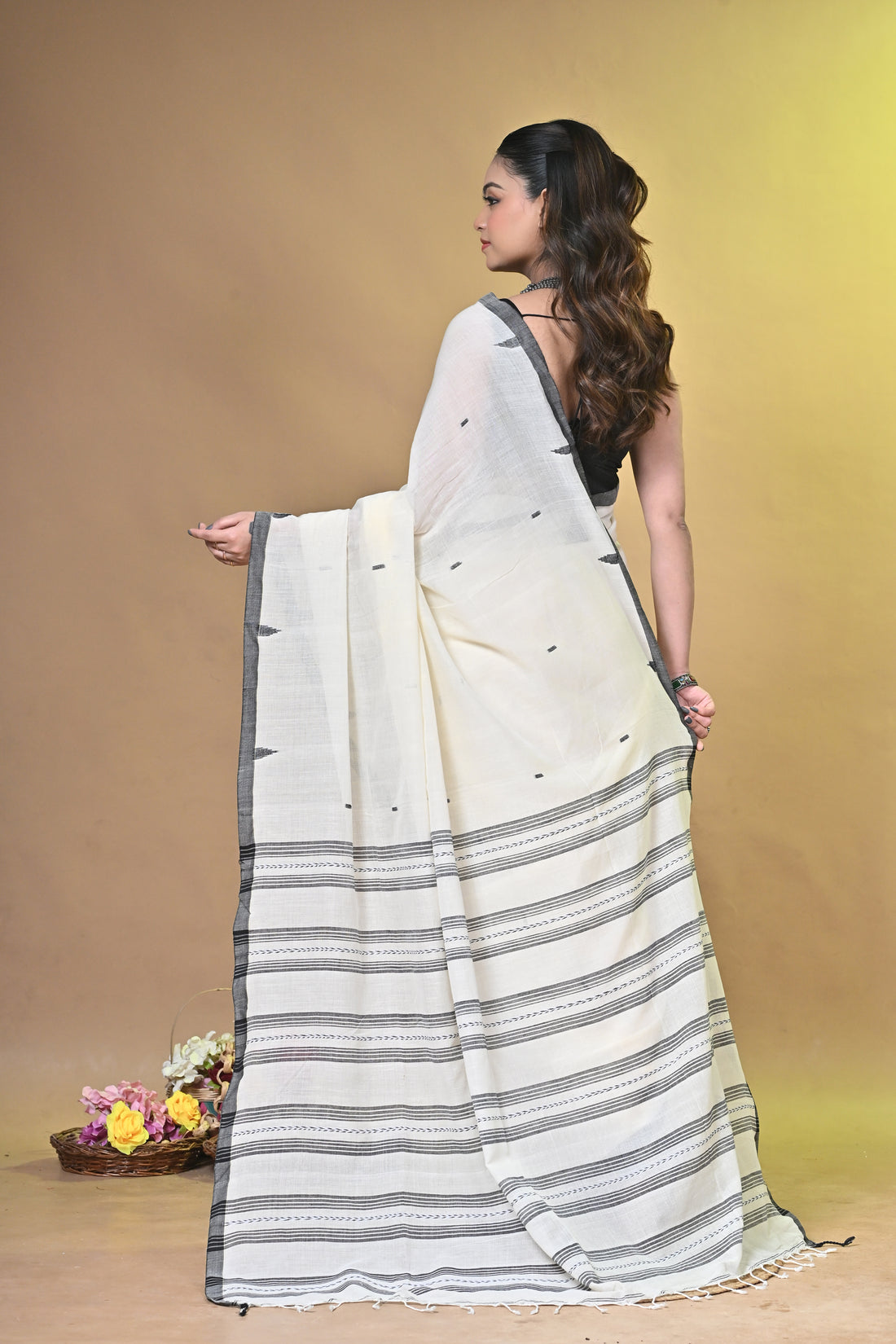 Handloom Pure Khadi Cotton Saree in Ivory & Black