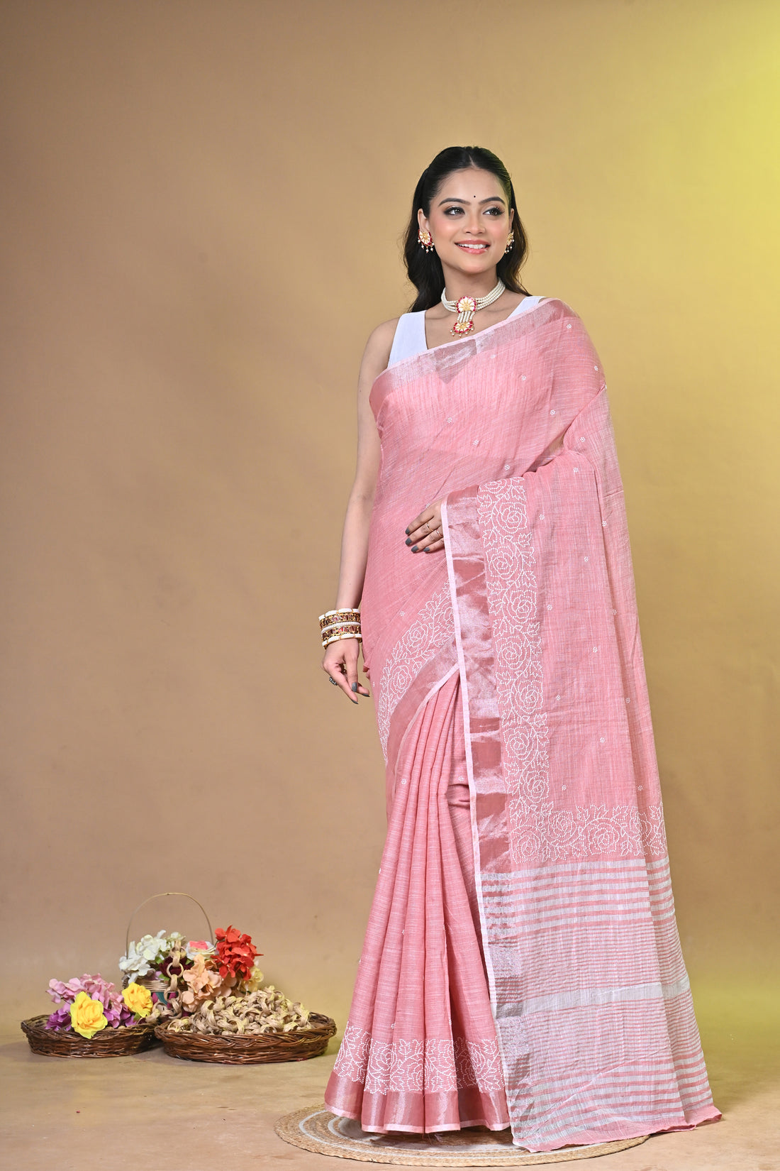 Red Linen Sabudana Saree with Floral Woven Border