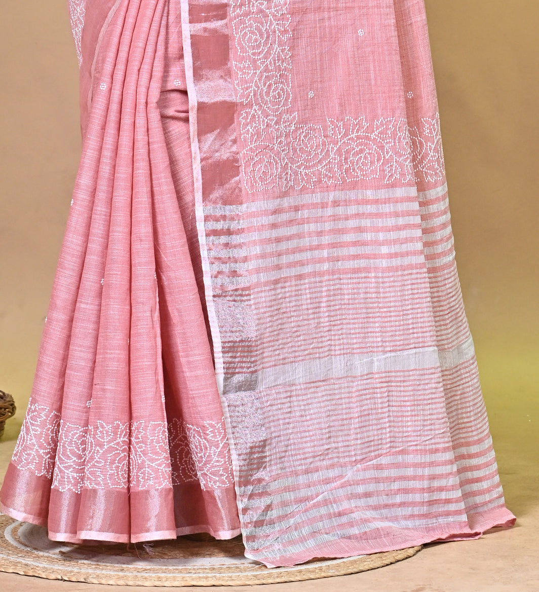 Red Linen Sabudana Saree with Floral Woven Border