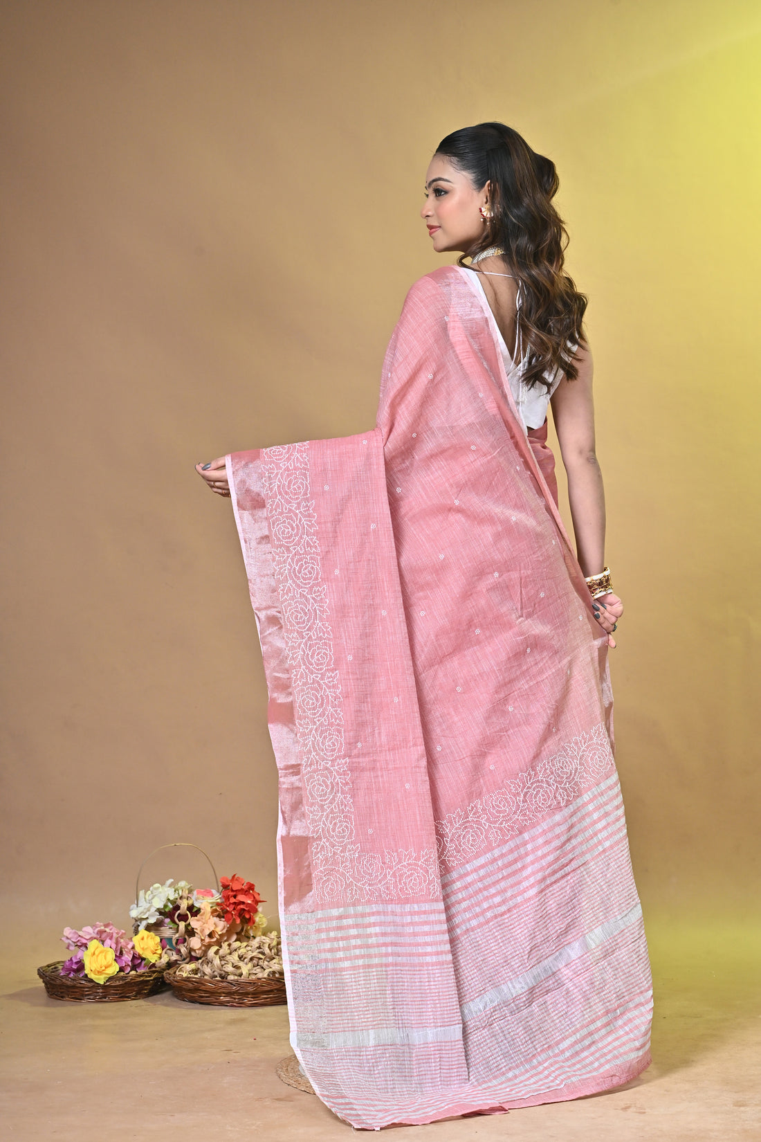 Red Linen Sabudana Saree with Floral Woven Border
