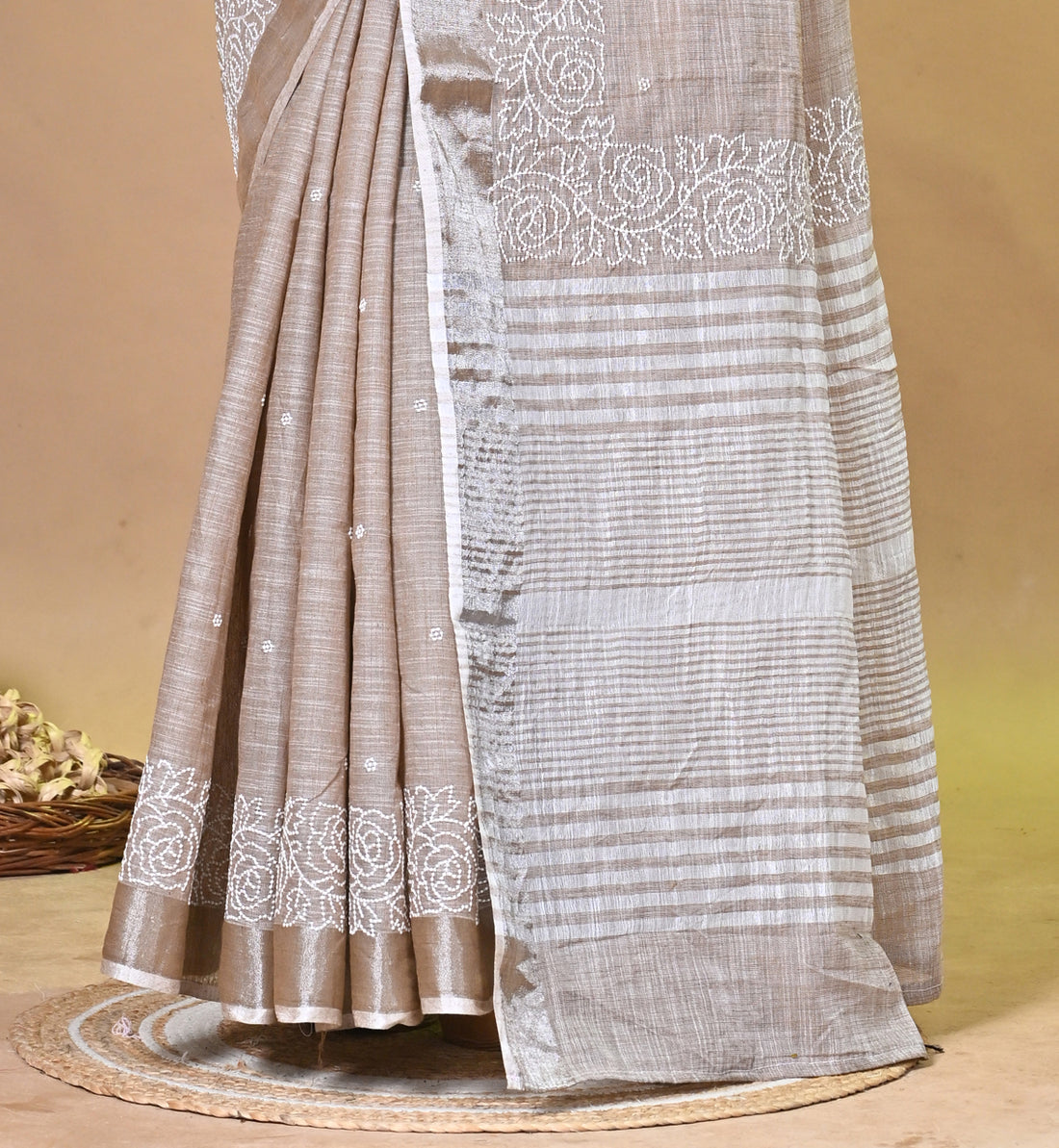 Brown Linen Sabudana Saree with Floral Woven Border