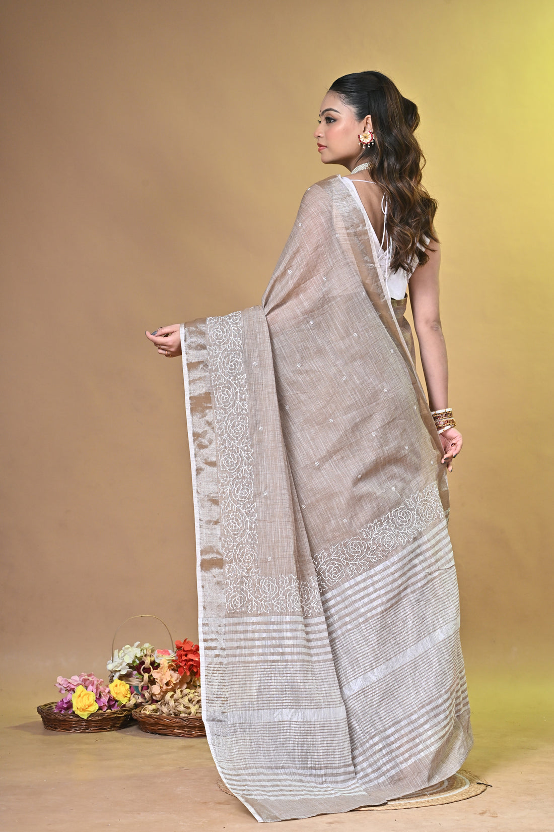 Brown Linen Sabudana Saree with Floral Woven Border