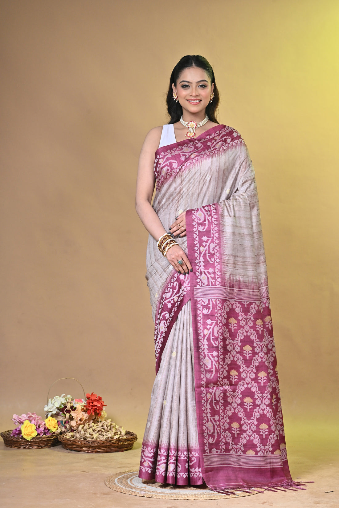 Pink Tassar Jamdani Saree with Traditional Woven Motif