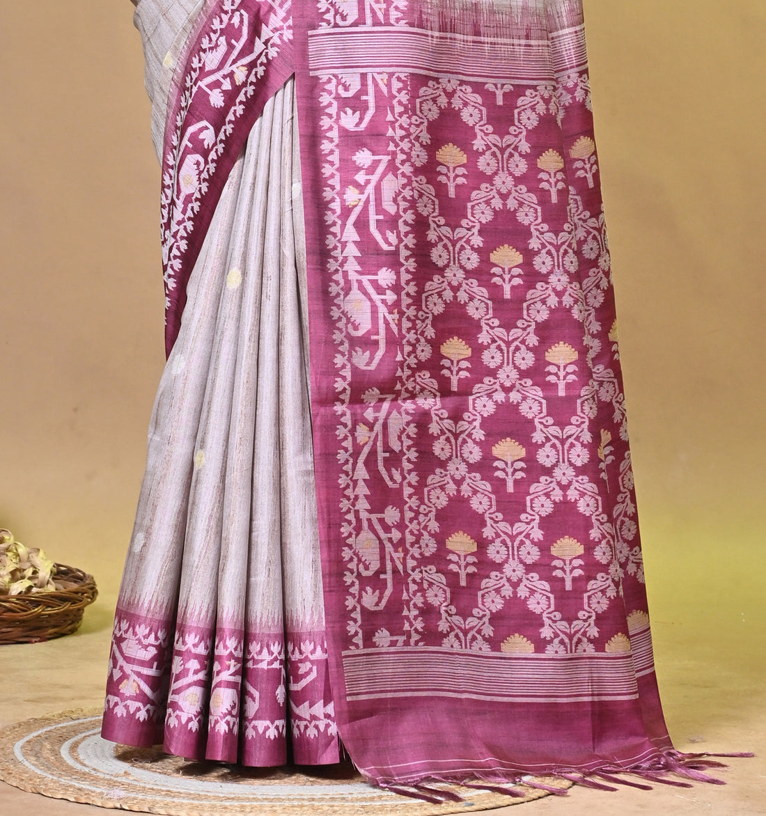 Pink Tassar Jamdani Saree with Traditional Woven Motif