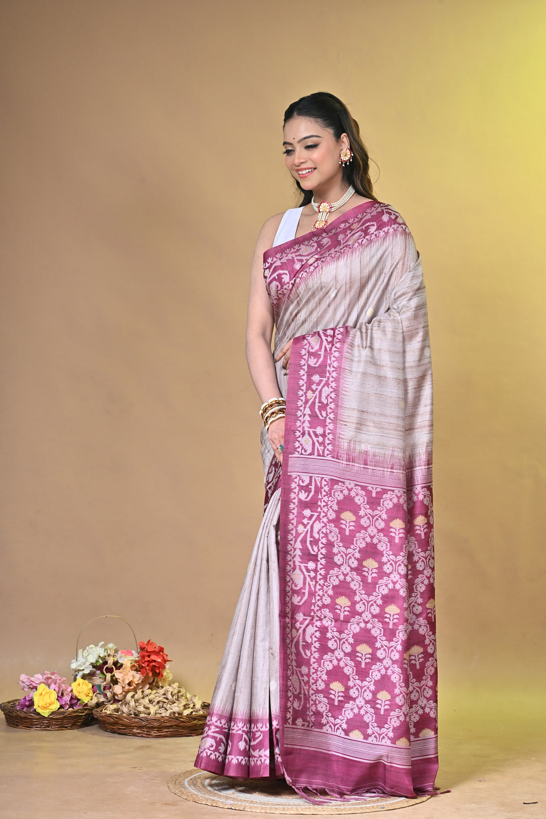 Pink Tassar Jamdani Saree with Traditional Woven Motif