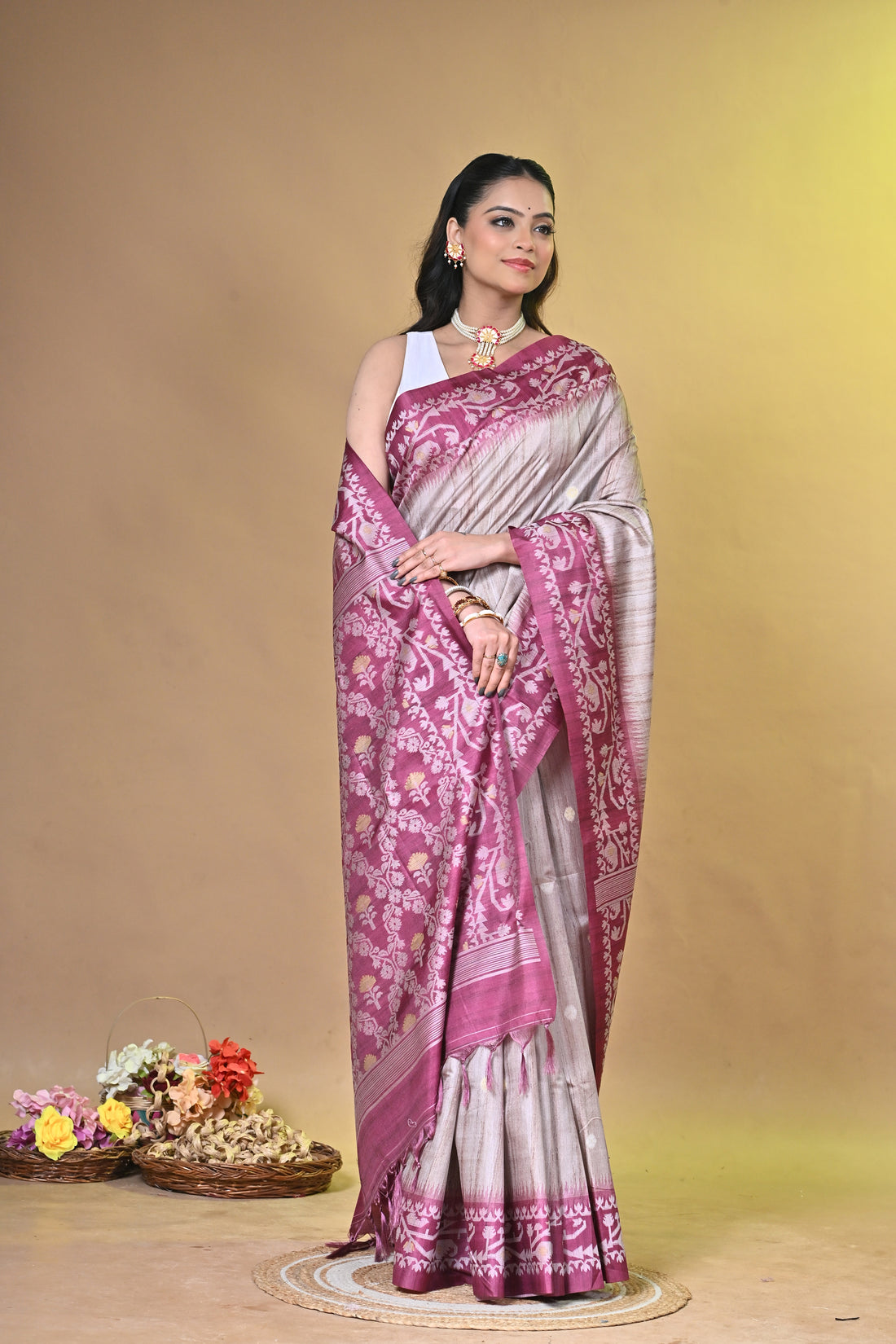 Pink Tassar Jamdani Saree with Traditional Woven Motif