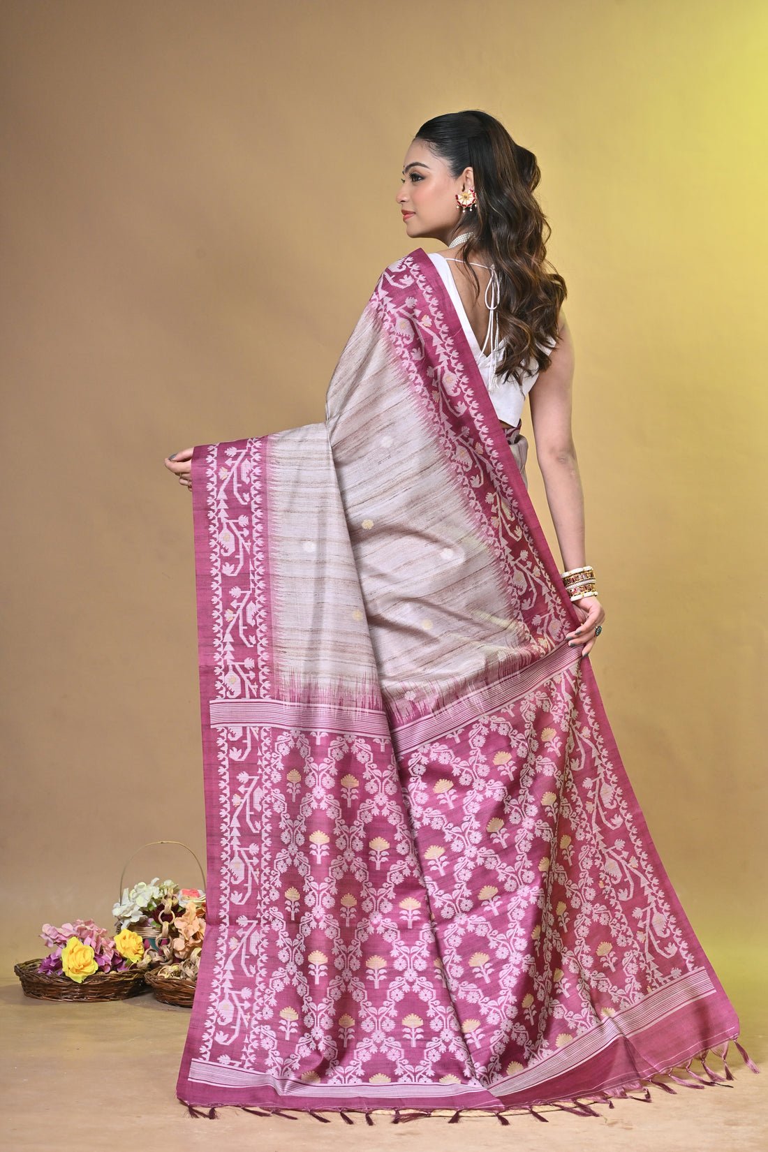 Pink Tassar Jamdani Saree with Traditional Woven Motif