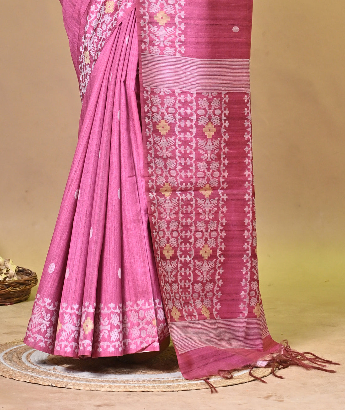 Pink Tassar Jamdani Saree with Traditional Woven Motifs