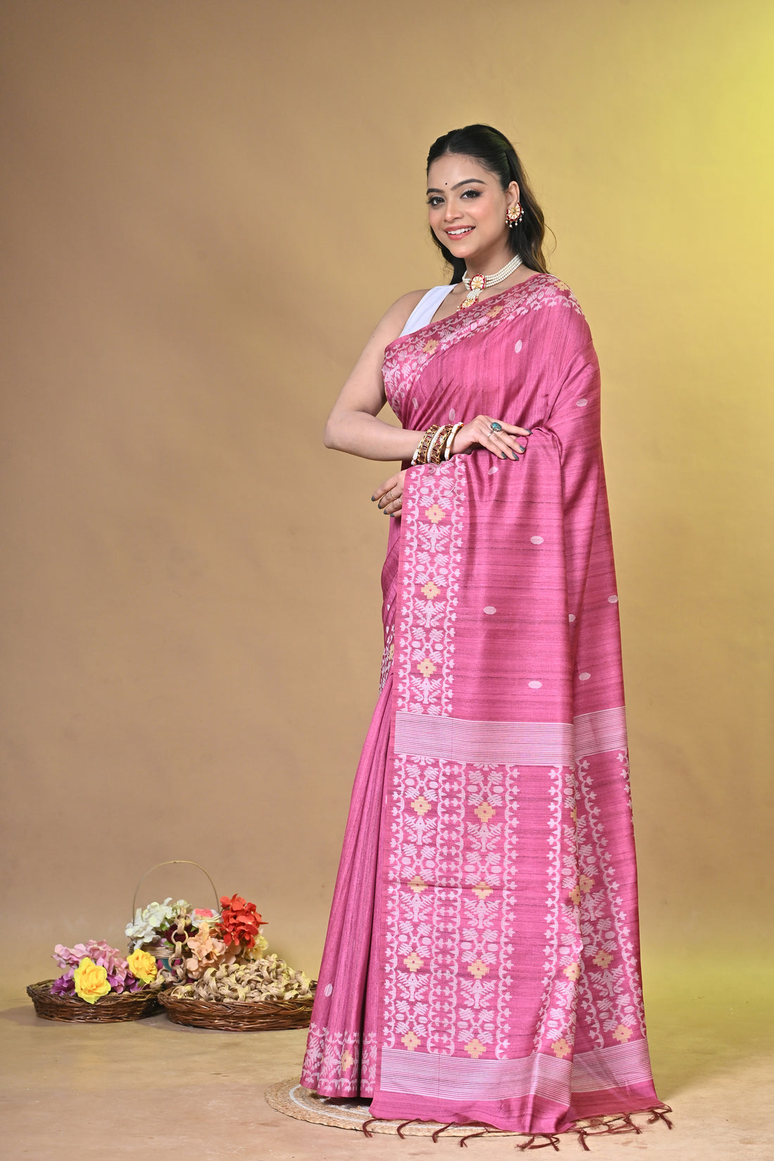 Pink Tassar Jamdani Saree with Traditional Woven Motifs