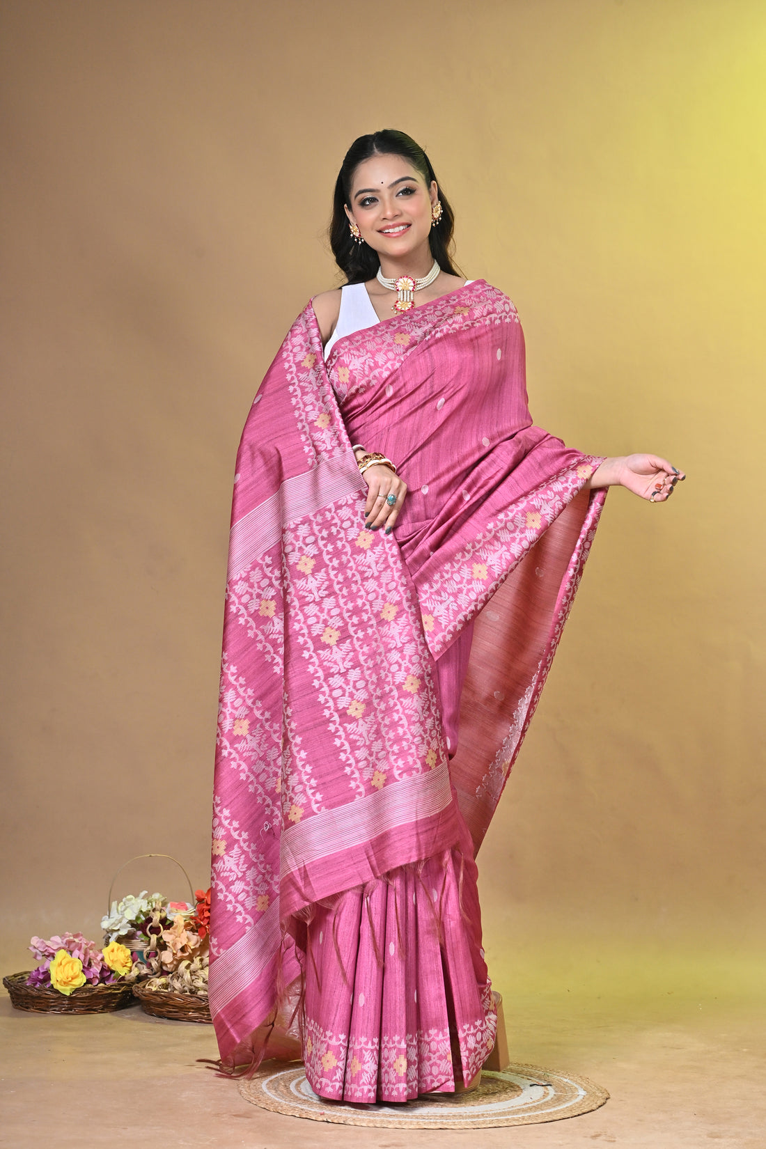 Pink Tassar Jamdani Saree with Traditional Woven Motifs