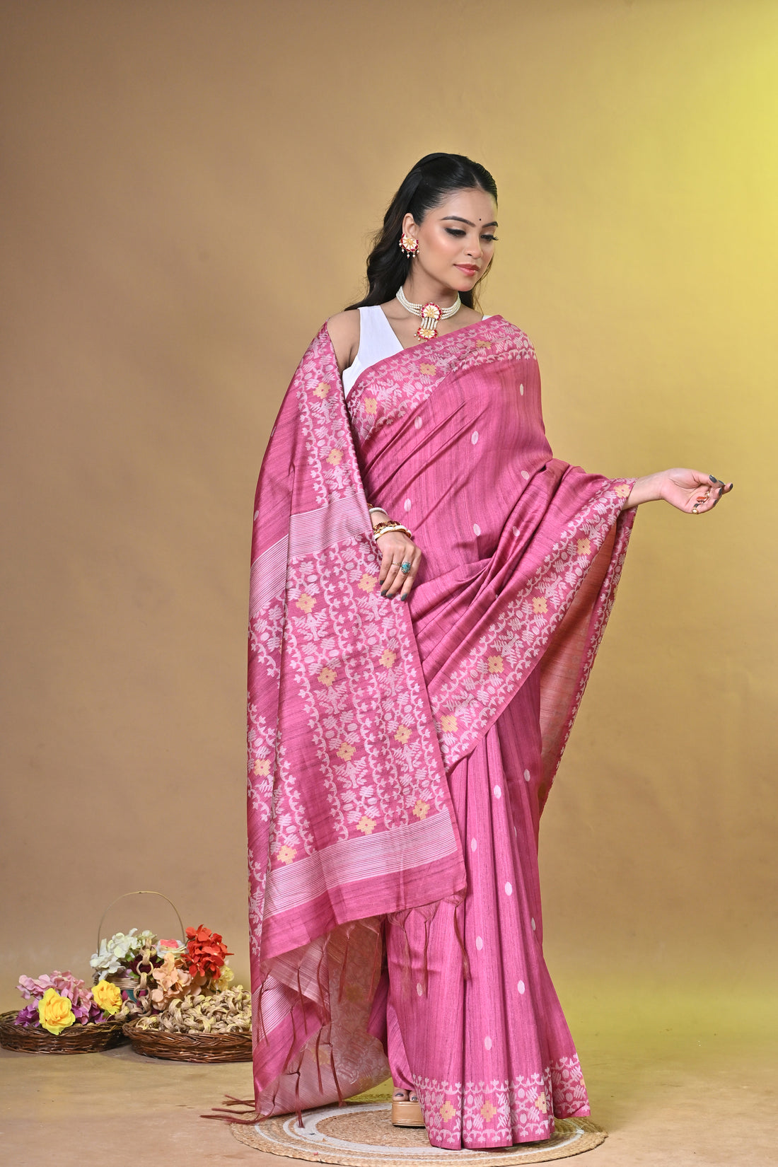 Pink Tassar Jamdani Saree with Traditional Woven Motifs