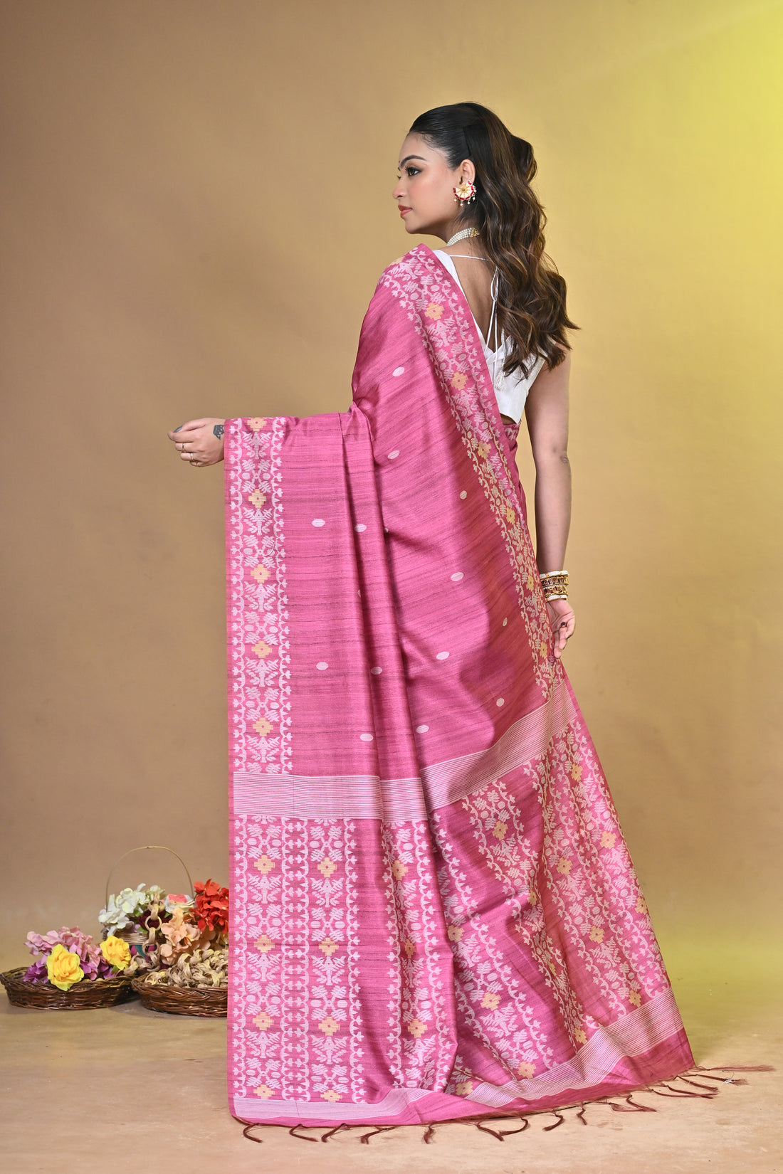 Pink Tassar Jamdani Saree with Traditional Woven Motifs