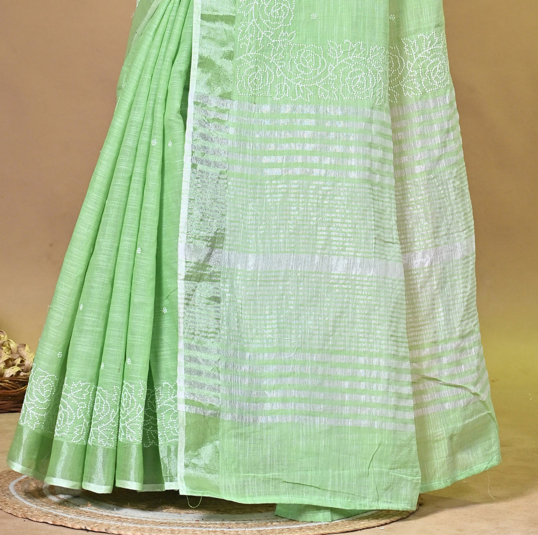 Green Linen Sabudana Saree with Floral Woven Border