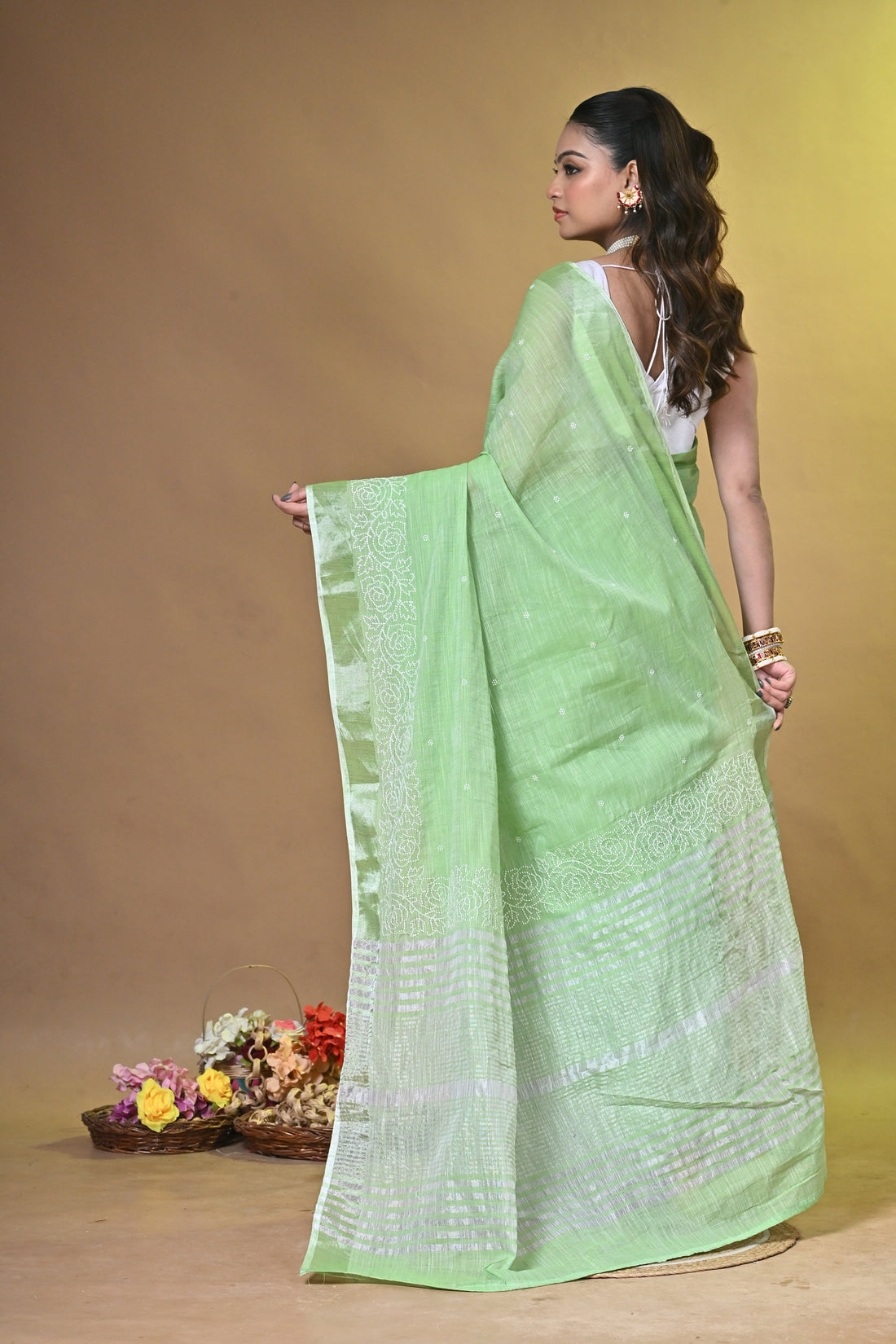 Green Linen Sabudana Saree with Floral Woven Border