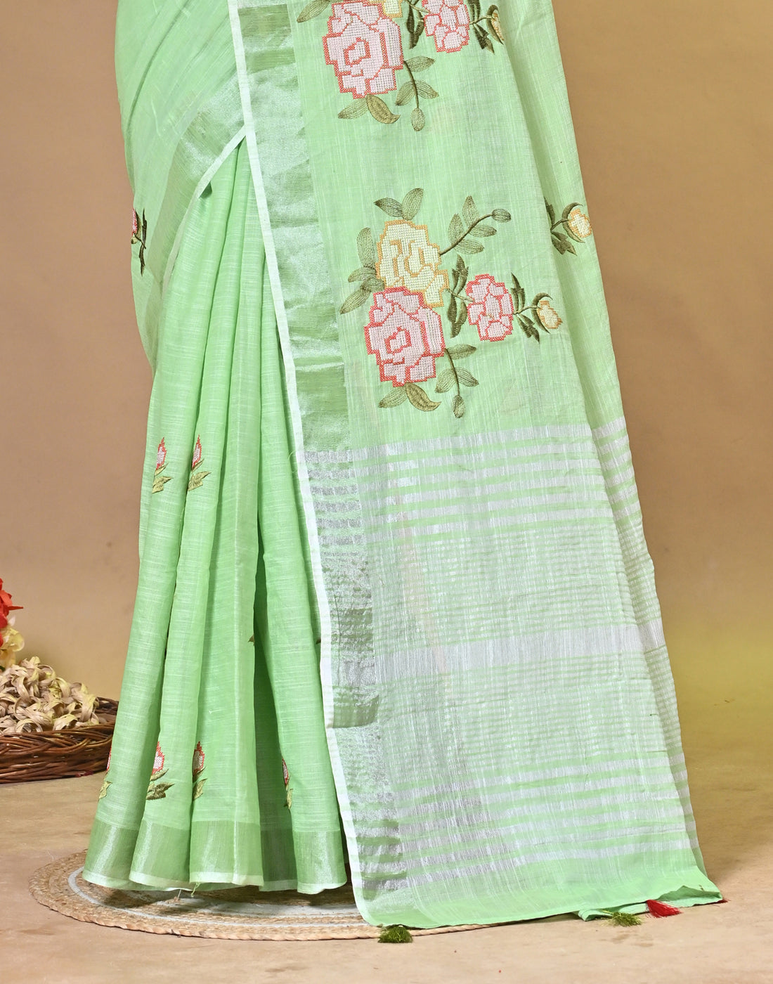 Green Linen Jal Saree with All-Over Floral Embroidery
