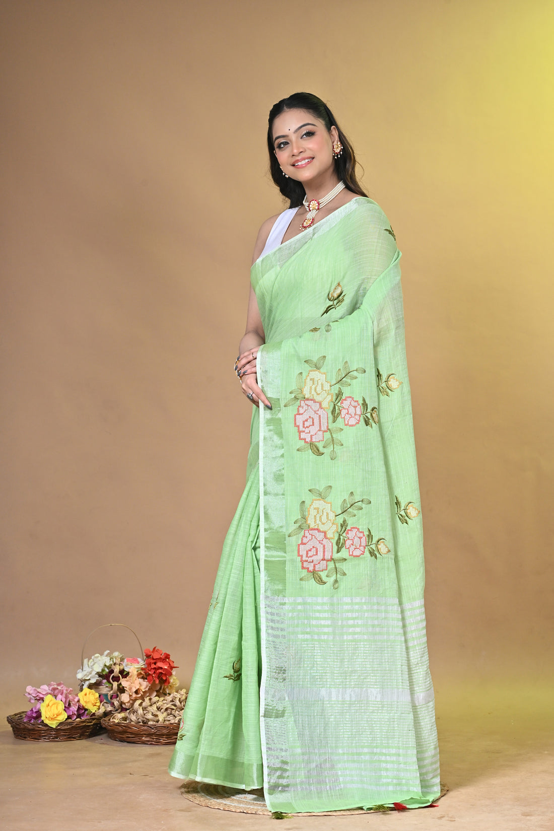Green Linen Jal Saree with All-Over Floral Embroidery