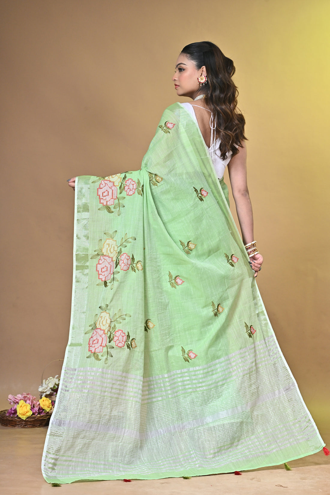 Green Linen Jal Saree with All-Over Floral Embroidery