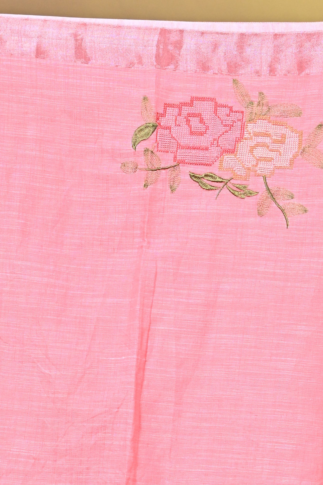 Green Linen Jal Saree with All-Over Floral Embroidery