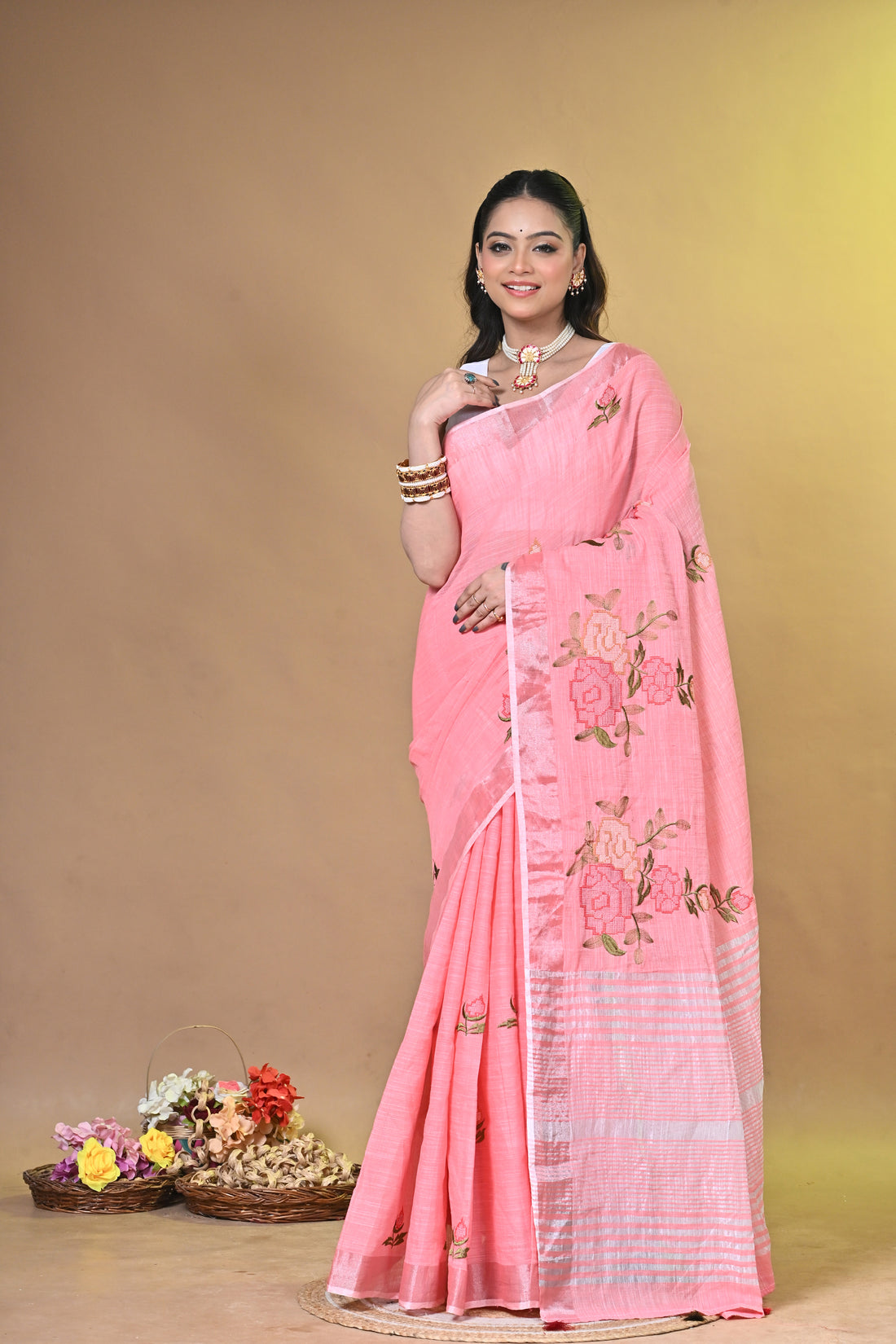 Green Linen Jal Saree with All-Over Floral Embroidery