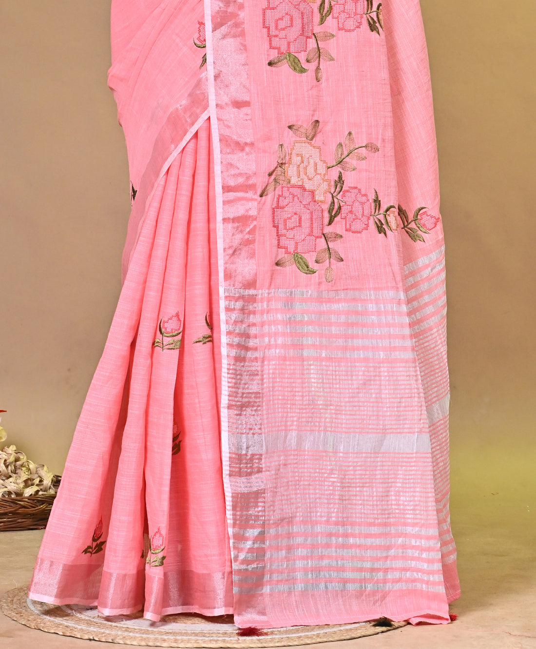 Green Linen Jal Saree with All-Over Floral Embroidery