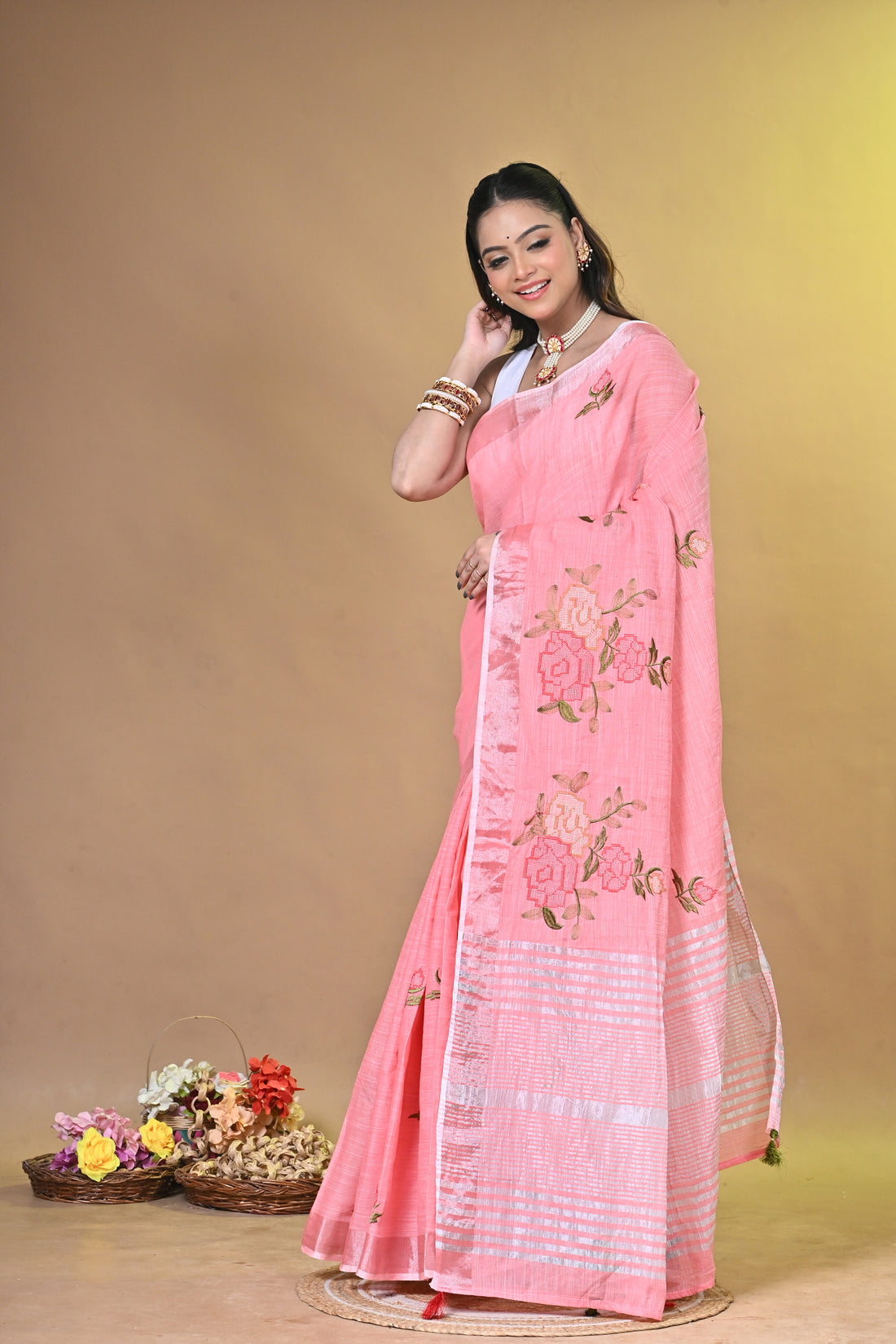 Green Linen Jal Saree with All-Over Floral Embroidery