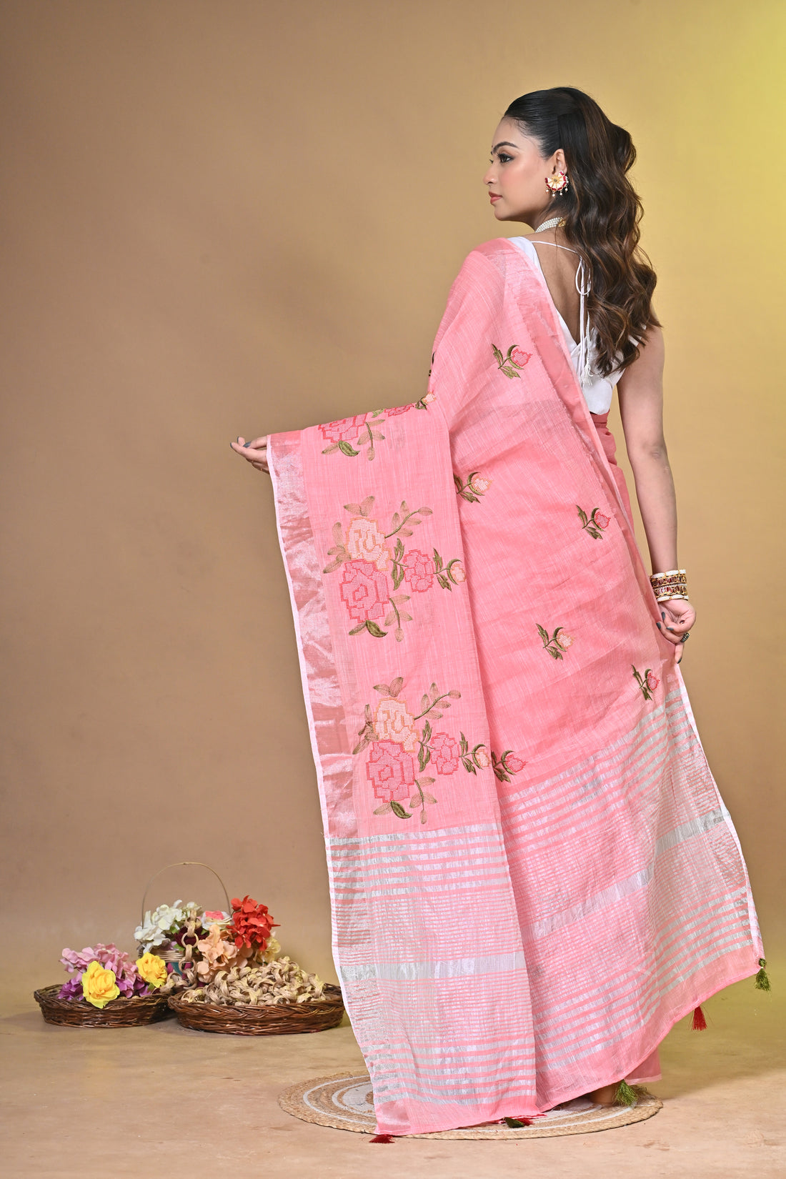 Green Linen Jal Saree with All-Over Floral Embroidery