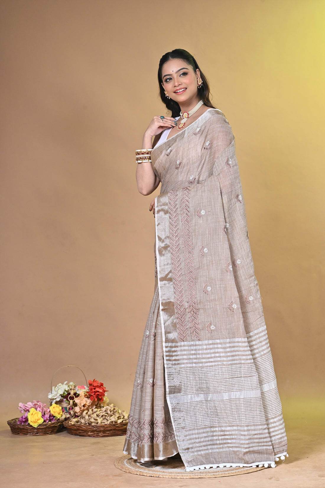Brown Linen Big Cross Stitch Saree with Handcrafted Floral Stitch Design