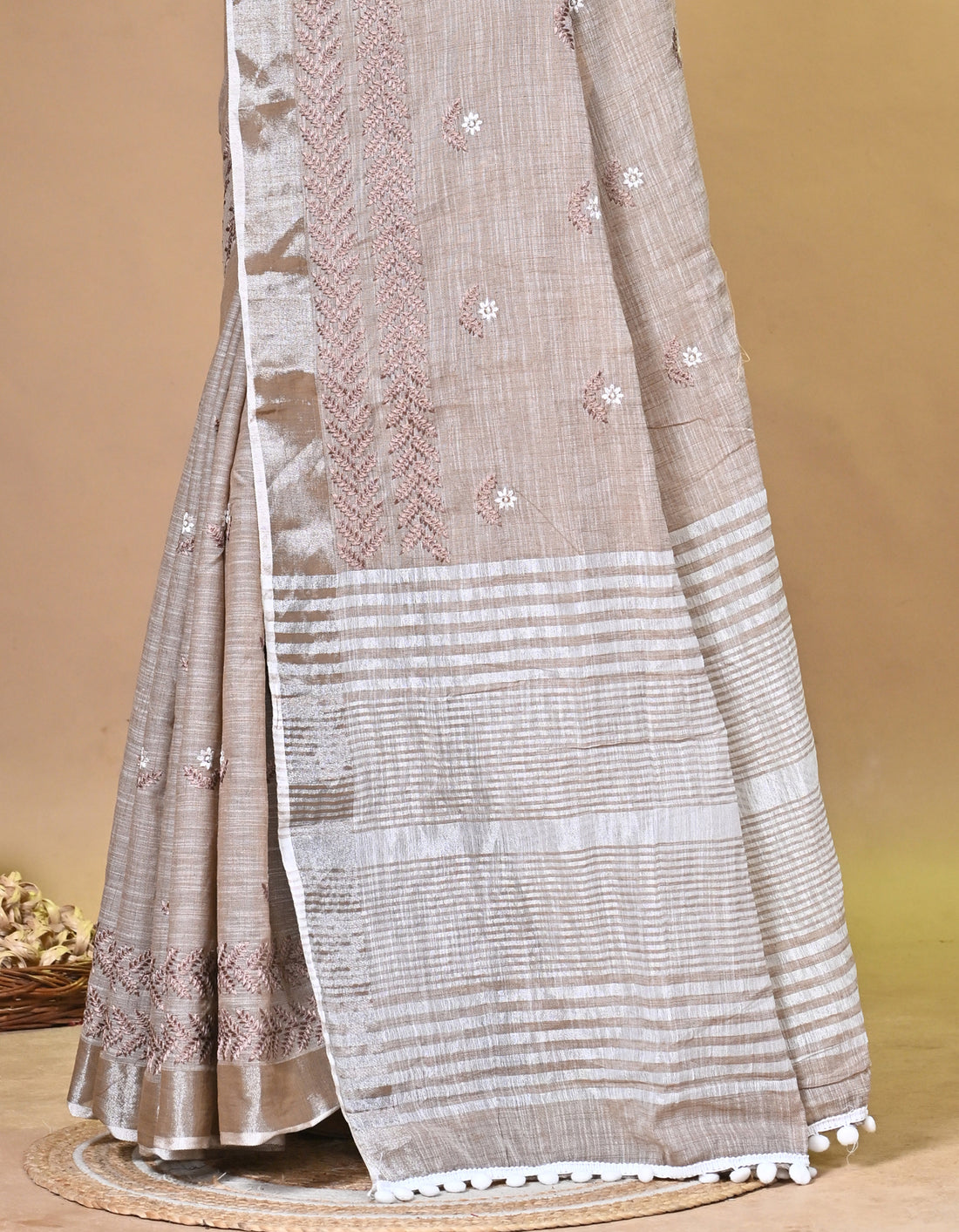 Brown Linen Cross Stitch Saree with All-Over Embroidery