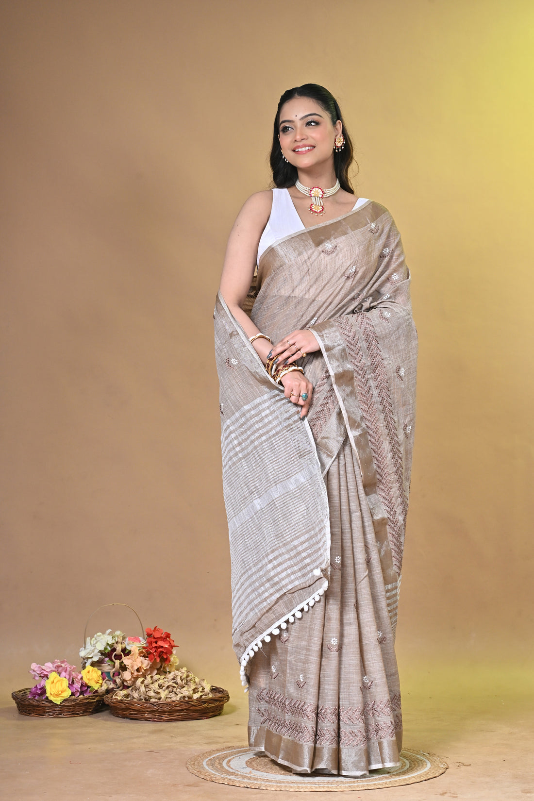 Brown Linen Cross Stitch Saree with All-Over Embroidery