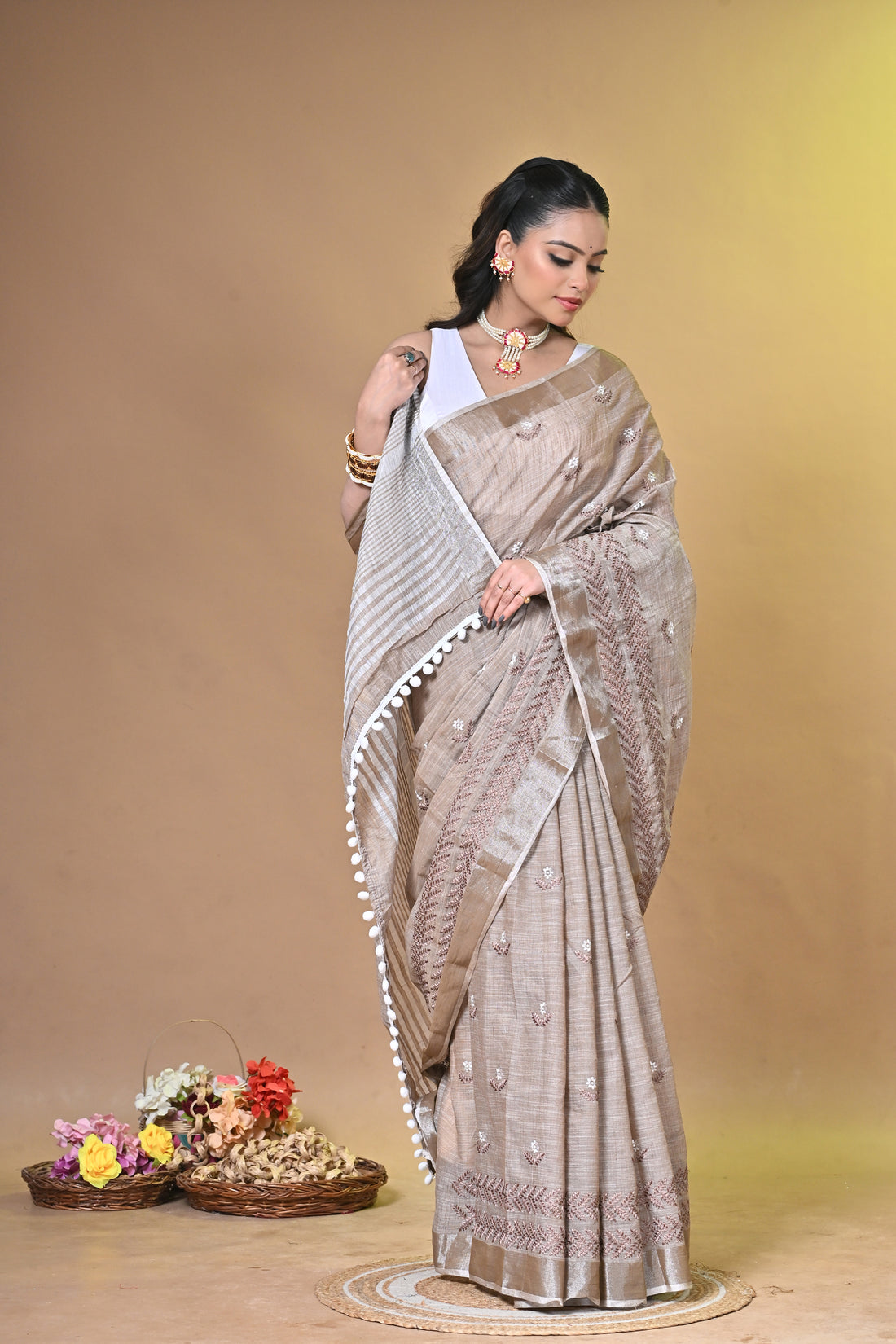 Brown Linen Big Cross Stitch Saree with Handcrafted Floral Stitch Design