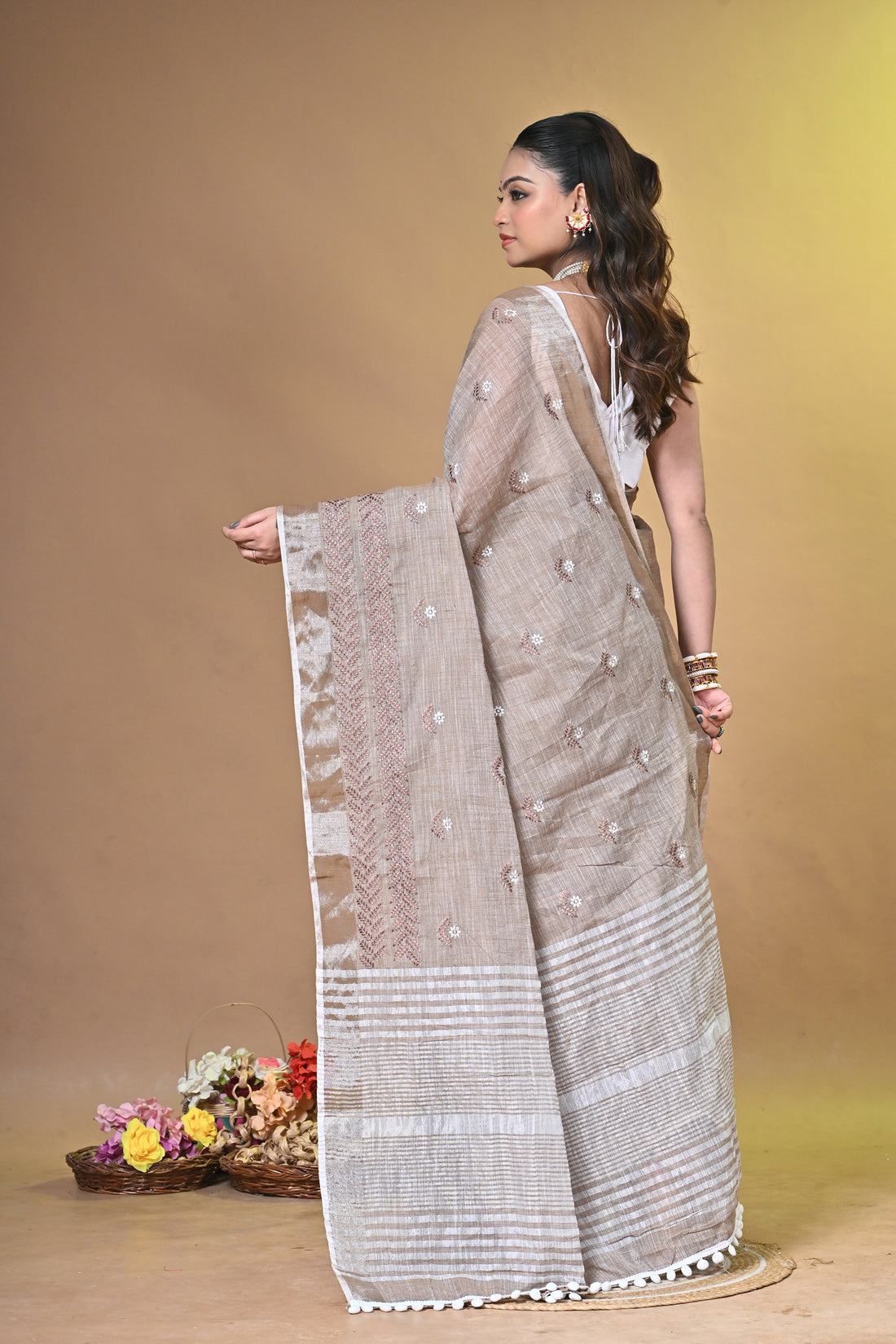 Brown Linen Big Cross Stitch Saree with Handcrafted Floral Stitch Design