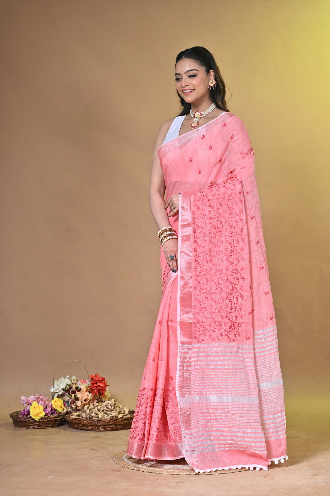 Red Linen Big Cross Stitch Saree with All-Over Handcrafted Stitch Design