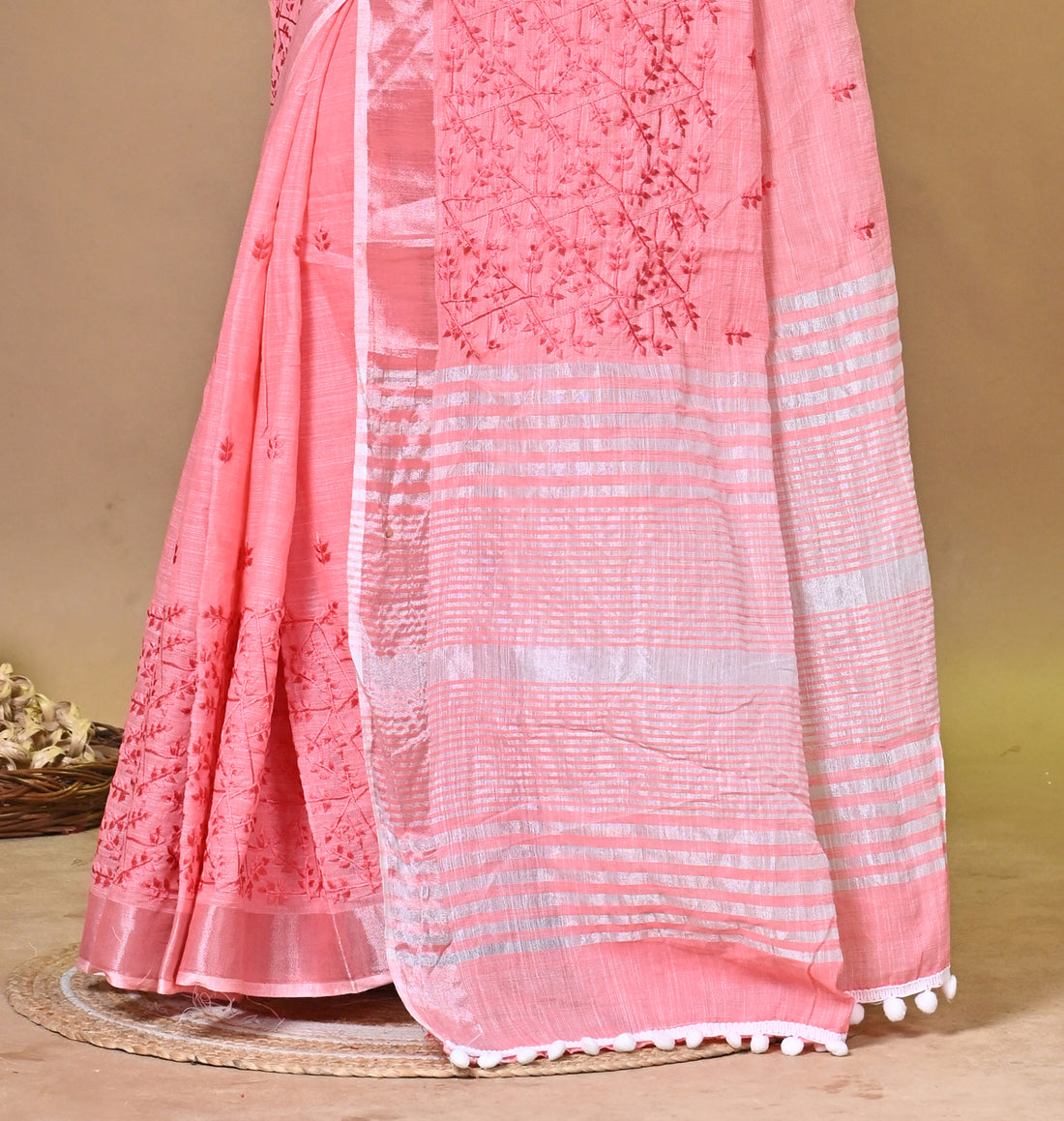 Red Linen Big Cross Stitch Saree with All-Over Handcrafted Stitch Design
