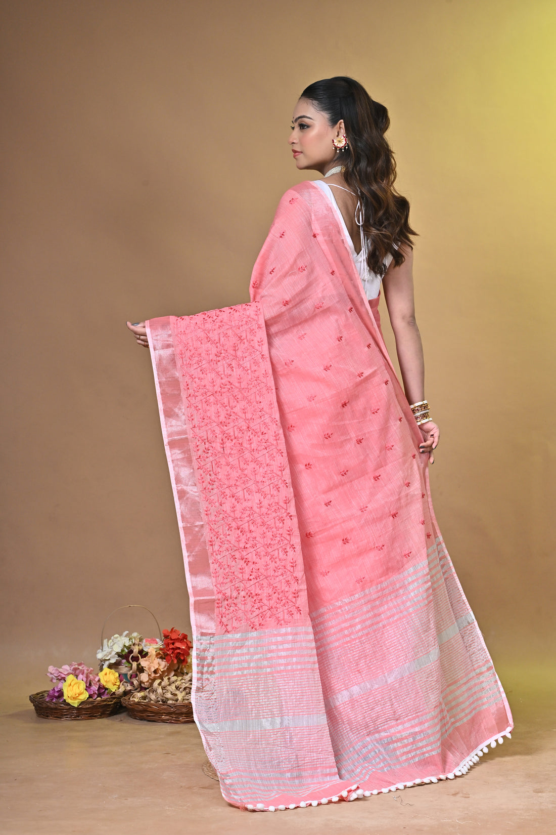 Red Linen Big Cross Stitch Saree with All-Over Handcrafted Stitch Design