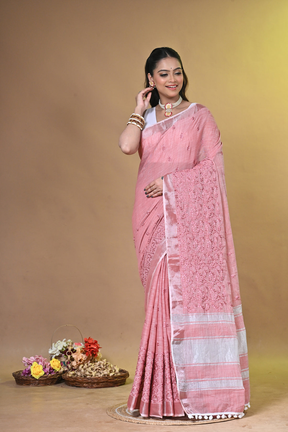 Pink Linen Big Cross Stitch Saree with Handcrafted All-Over Stitch Design