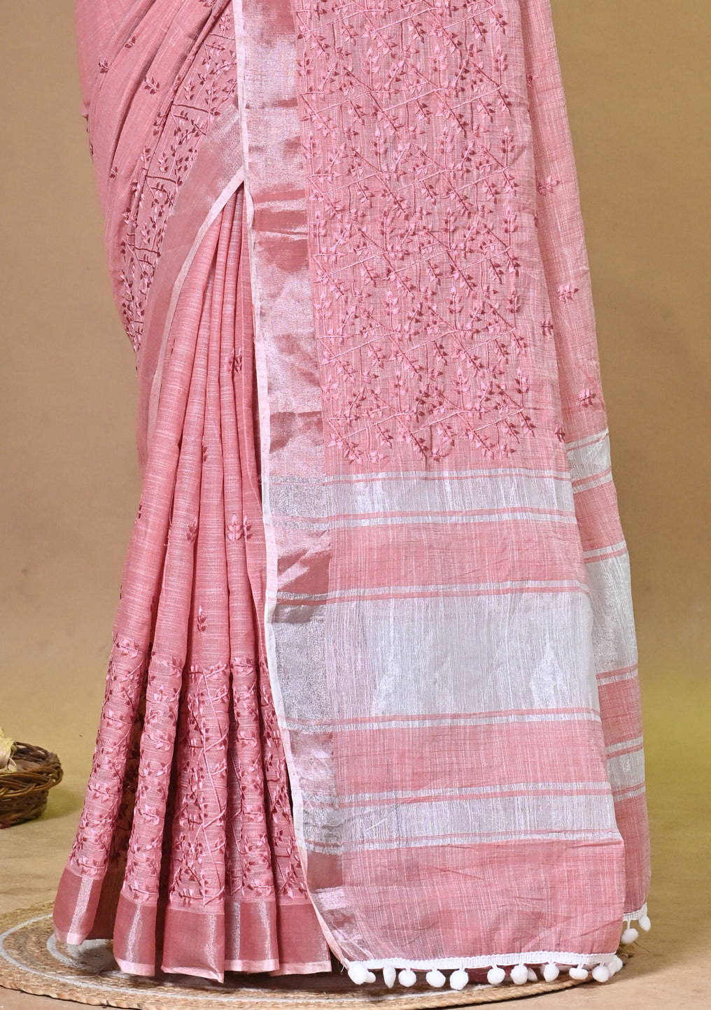 Pink Linen Big Cross Stitch Saree with Handcrafted All-Over Stitch Design
