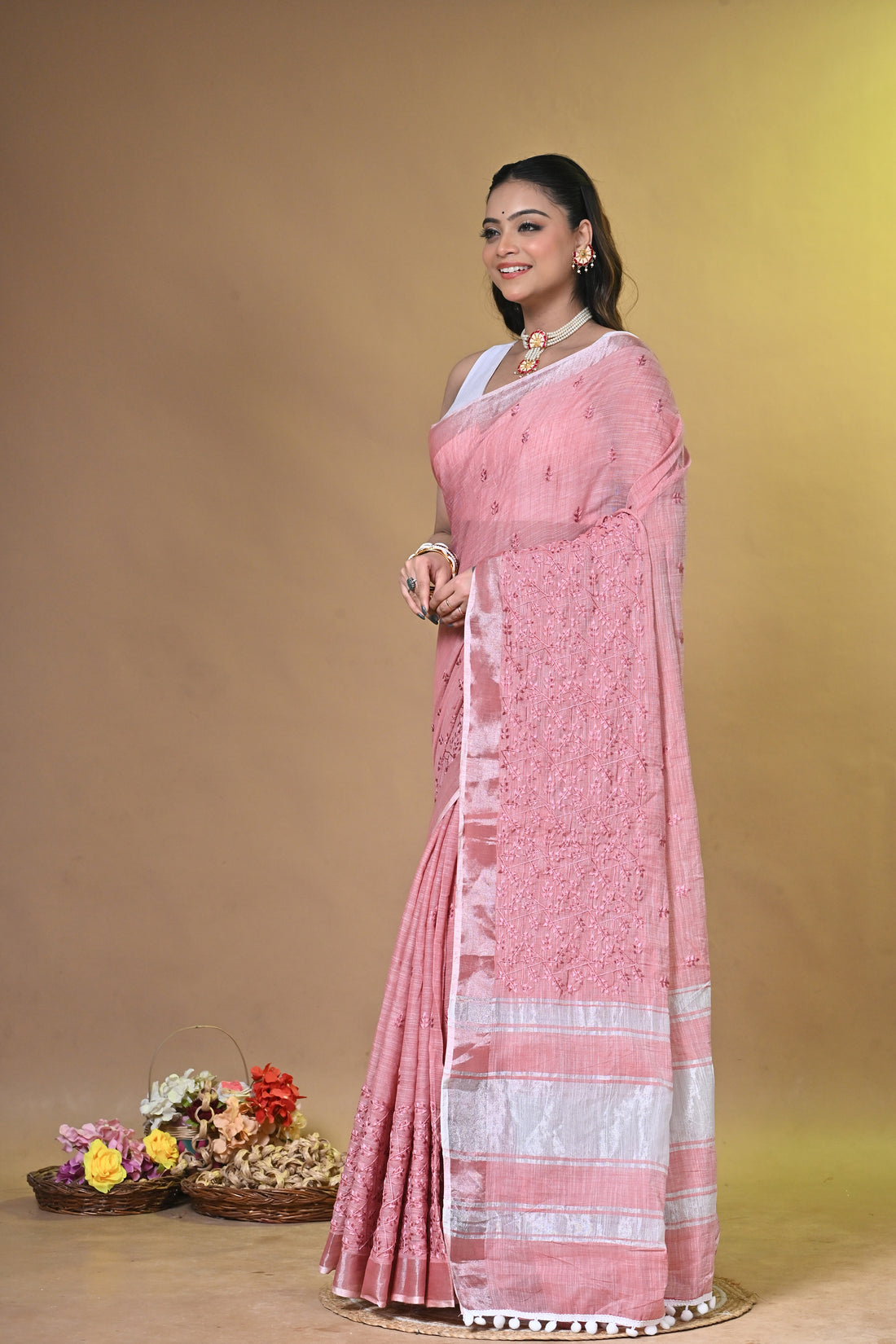 Pink Linen Big Cross Stitch Saree with Handcrafted All-Over Stitch Design