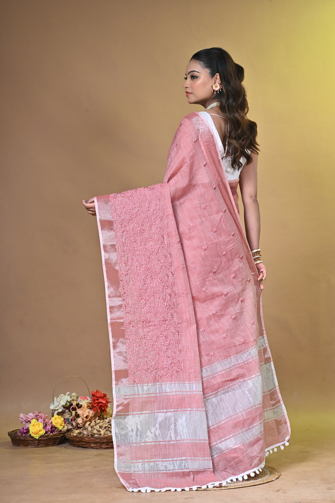 Pink Linen Big Cross Stitch Saree with Handcrafted All-Over Stitch Design