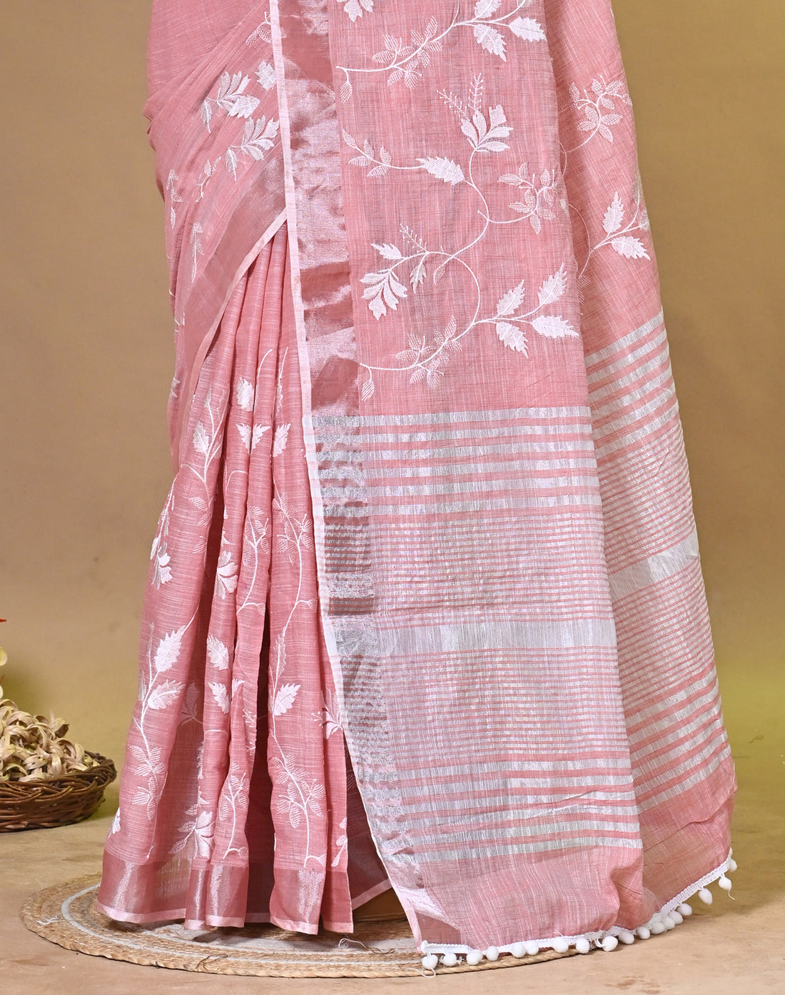 Pink Linen Jal Saree with All-Over Floral Embroidery